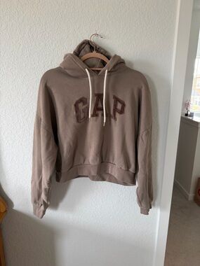 GAP Women's Taupe Cropped Hoodie with Drawstring